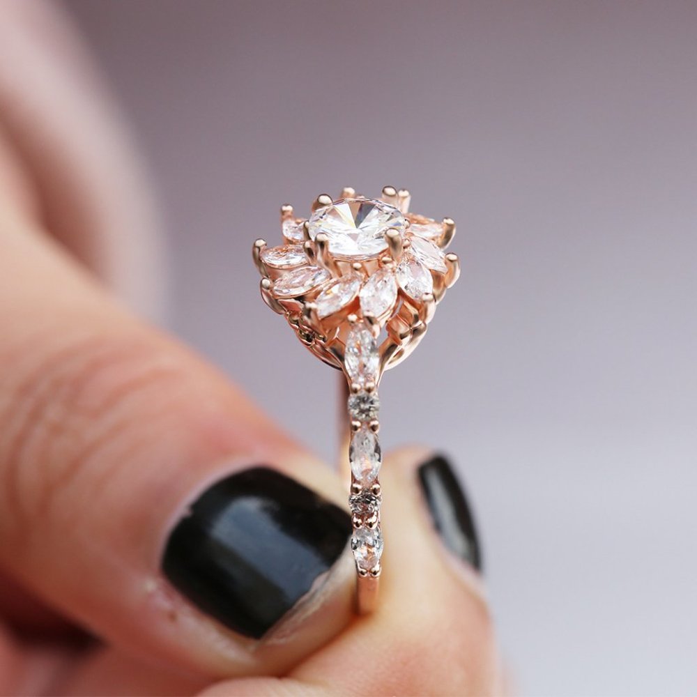 NEW Rose Gold Marquis Round Diamond Flower Ring - Picture 7 of 7